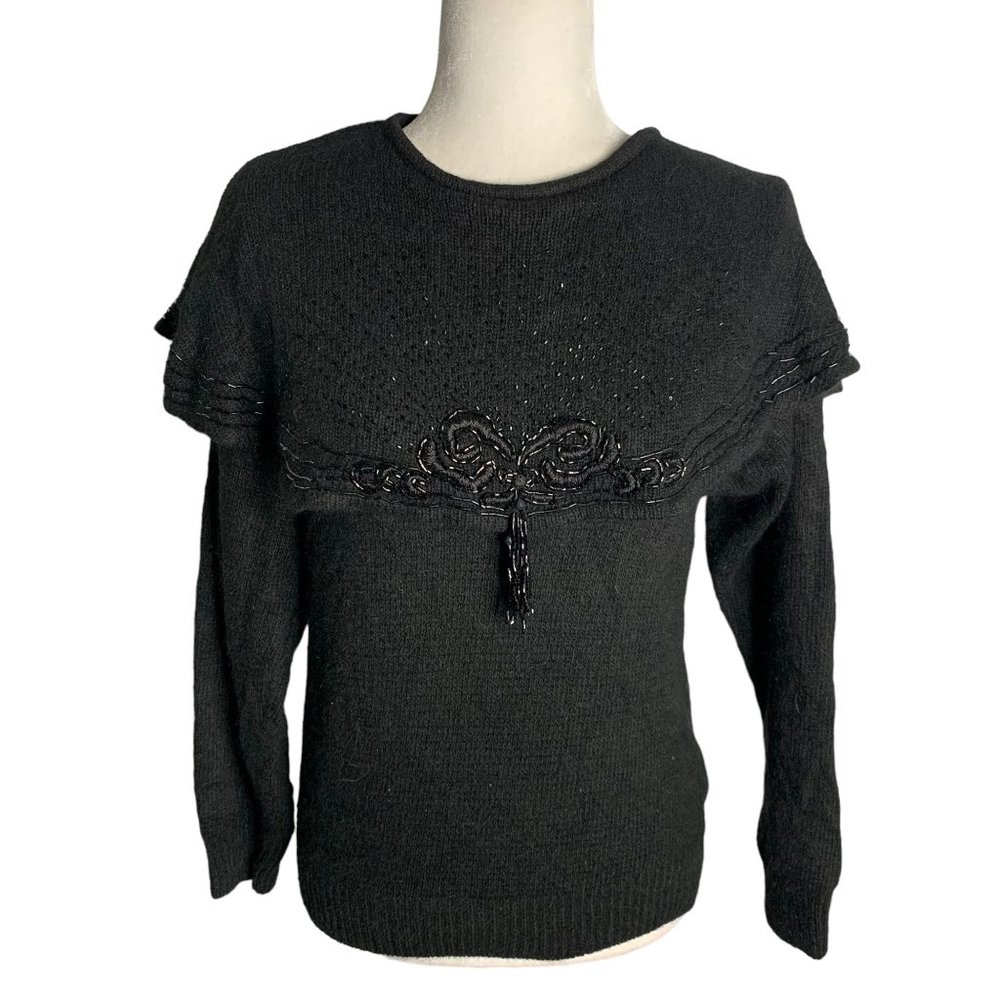 Vintage Work in Progress Silk Angora Sweater M Black Knit Beaded Gladys Bagley